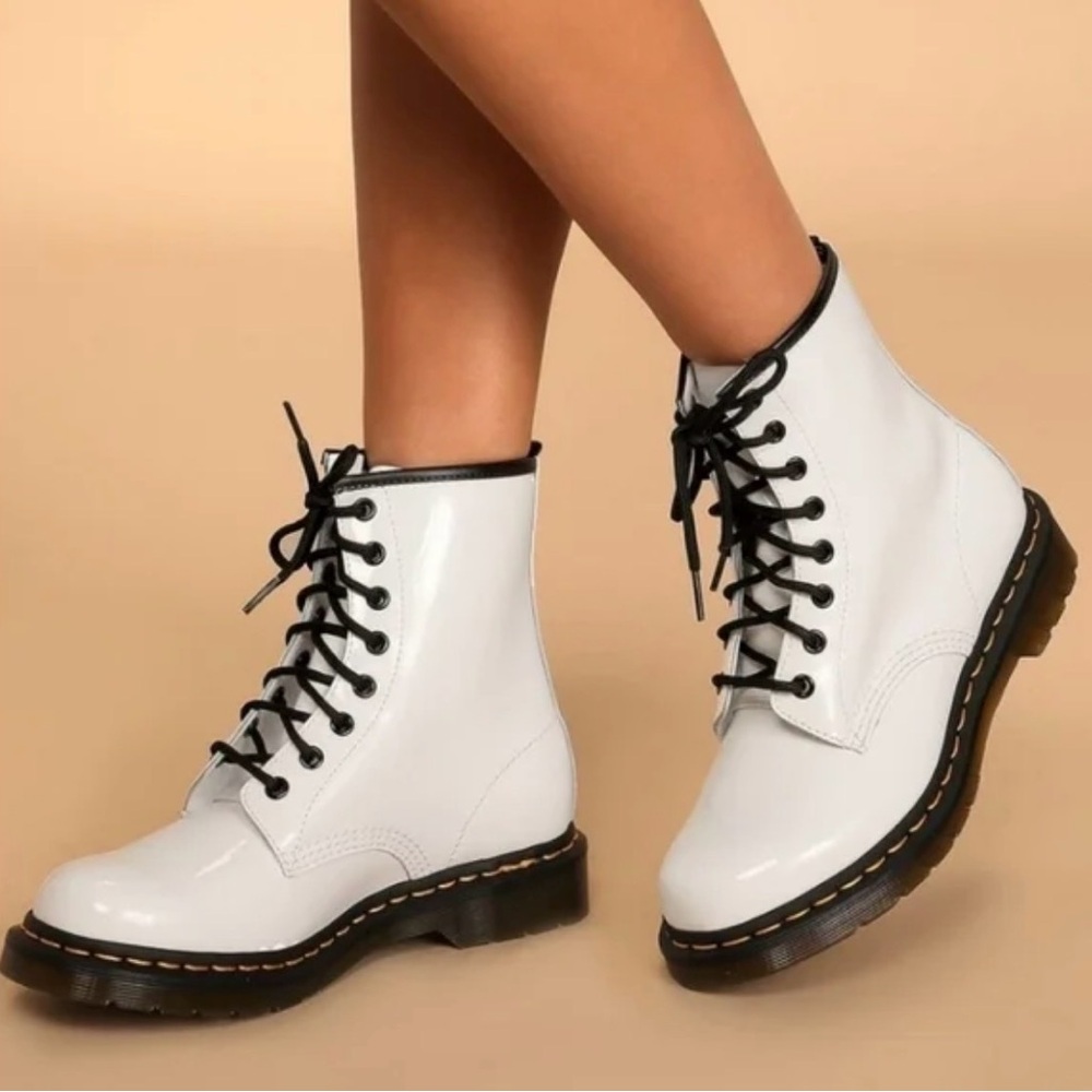 Dr. Martens White Lace-Up Combat Boots with Black Trim